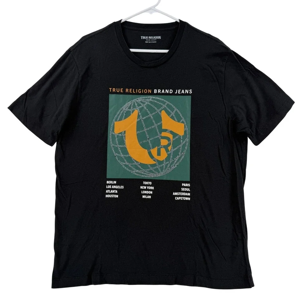 True Religion Shirt Mens XL Black Registered Global‎ Globe Graphic Tee T-Shirt